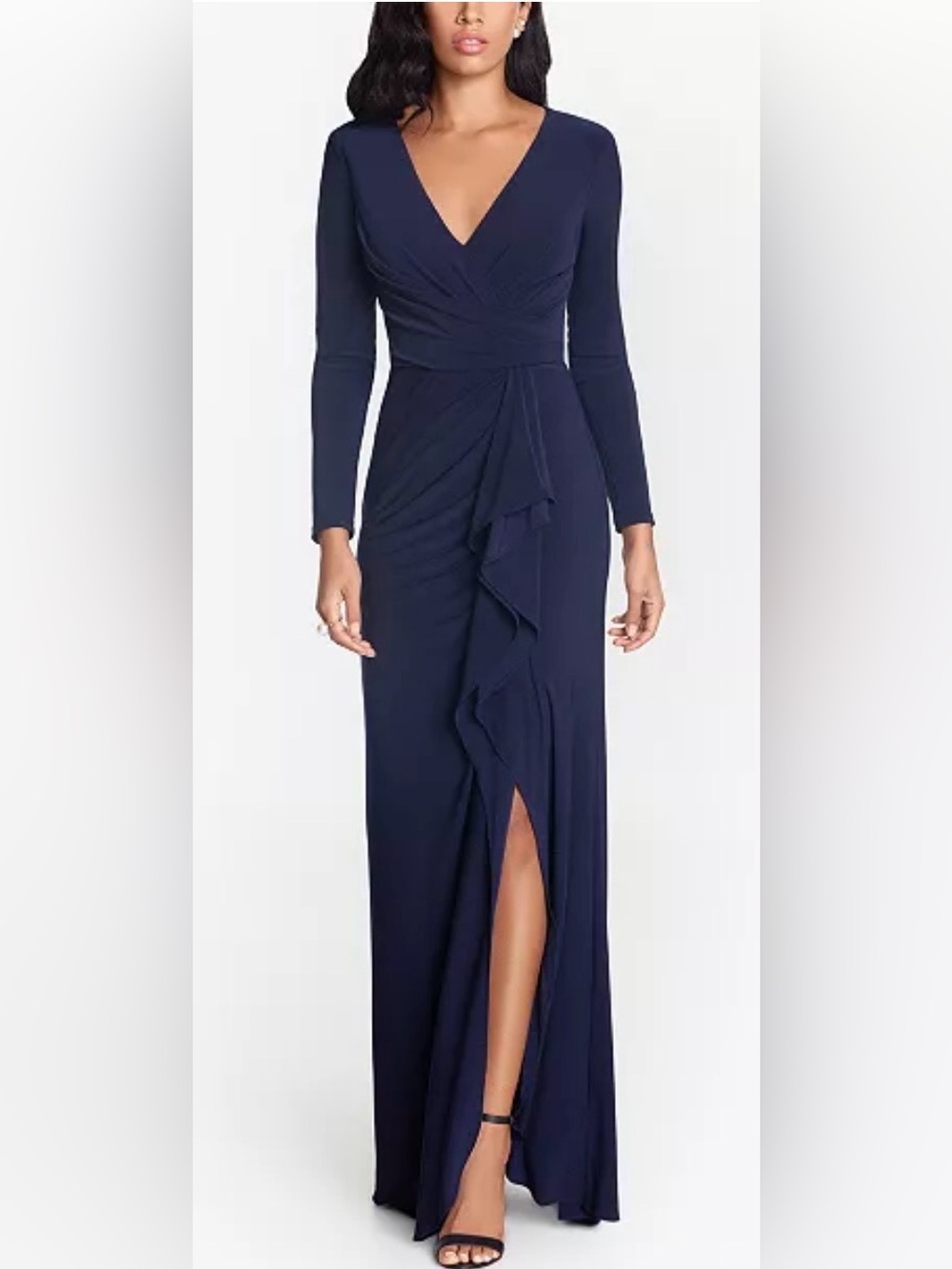 Betsy & Adam Ruffled Side Slit Maxi Gown